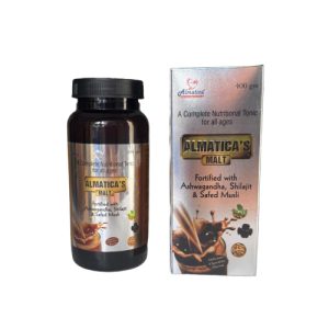 Almatica-Malt - Extracted text: Fortified with Ashwagandha, Shilajit & Safed Musli - Provided by Almatica Pharmaceuticals Pvt. Ltd.