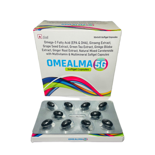 Omealam-5g - Omega-3 Fatty Acids (EPA & DHA), Ginseng Extract, Ginkgo Biloba Extract, Gingko (likely Ginkgo) Biloba Extract, Green Tea Extract, Natural Mixed Tocopherols with Multivitamin & Multimineral Softgel Capsules - Provided by Almatica Pharmaceuticals Pvt. Ltd.