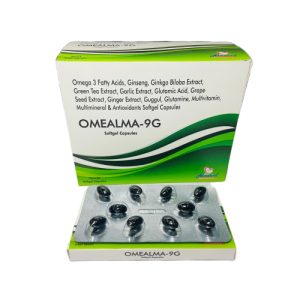 Omelma-9G - Omega 3 Fatty Acids, Ginseng, Ginkgo Biloba Extract, Green Tea Extract, Garlic Extract, Glutamic Acid, Grape Seed Extract, Ginger Extract, Guggul, Glutamine, Multivitamin, Multimineral & Antioxidants Softgel Capsules - Provided by Almatica Pharmaceuticals Pvt. Ltd.